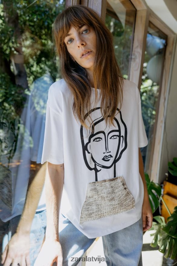 dārgakmens t-krekls sievietes Zara balts 6ZTV40464 apģērbs