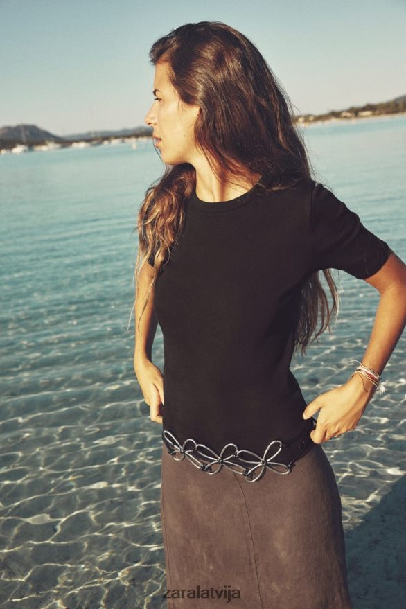 gaišs t-krekls ar ribām sievietes Zara melns 6ZTV40472 apģērbs