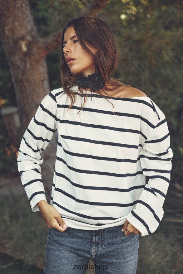 kokvilnas t-krekls sievietes Zara svītrains 6ZTV40468 apģērbs