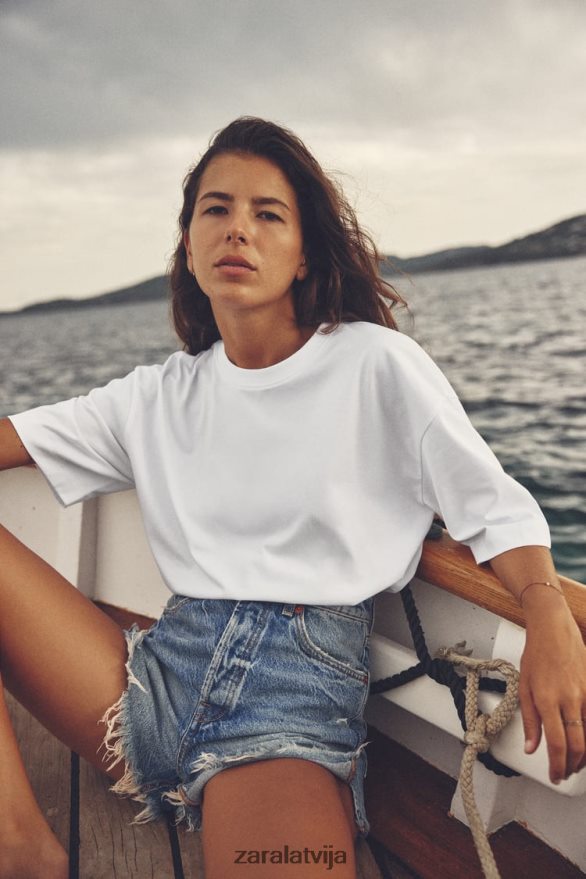 lielizmēra kokvilnas t-krekls sievietes Zara balts 6ZTV40470 apģērbs