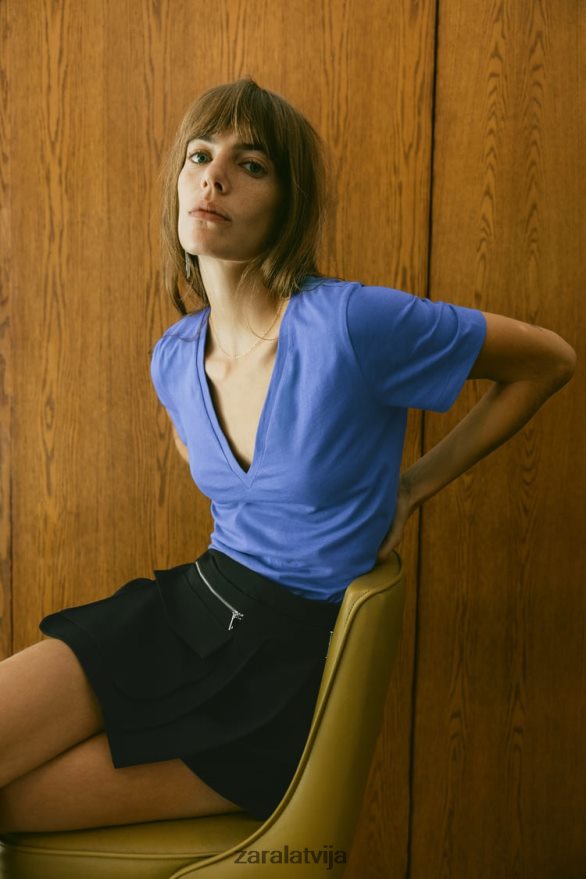 pamata kokvilnas t-krekls ar v veida izgriezumu sievietes Zara zilgans 6ZTV40466 apģērbs