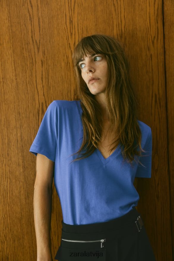 pamata kokvilnas t-krekls ar v veida izgriezumu sievietes Zara zilgans 6ZTV40466 apģērbs