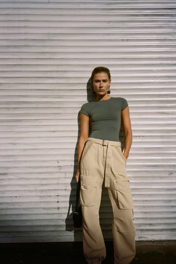 poliamīda t-krekls sievietes Zara haki 6ZTV40475 apģērbs