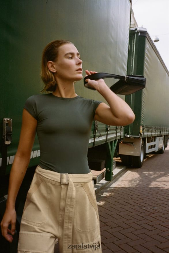 poliamīda t-krekls sievietes Zara haki 6ZTV40475 apģērbs