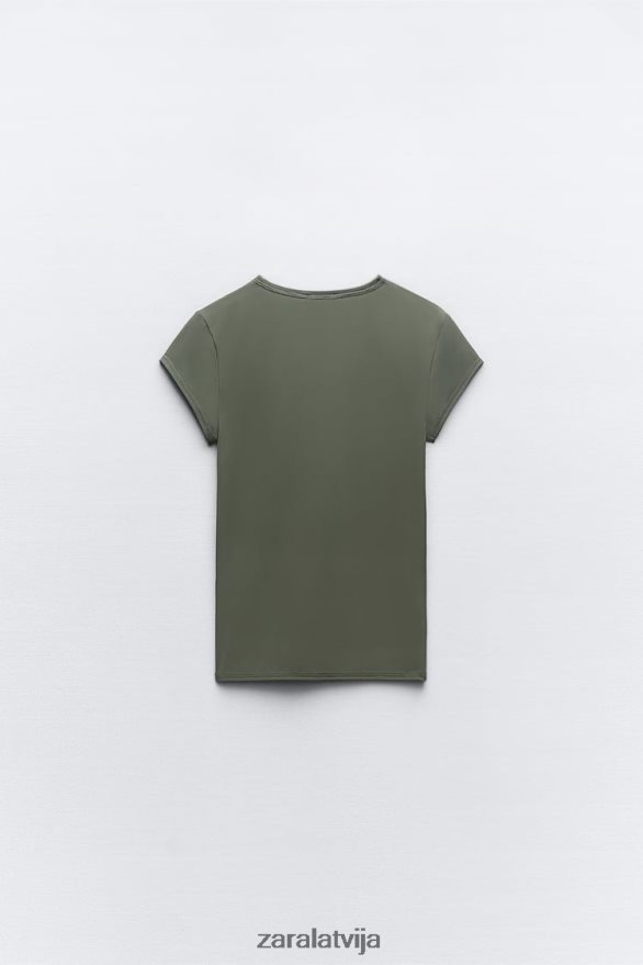 poliamīda t-krekls sievietes Zara haki 6ZTV40475 apģērbs