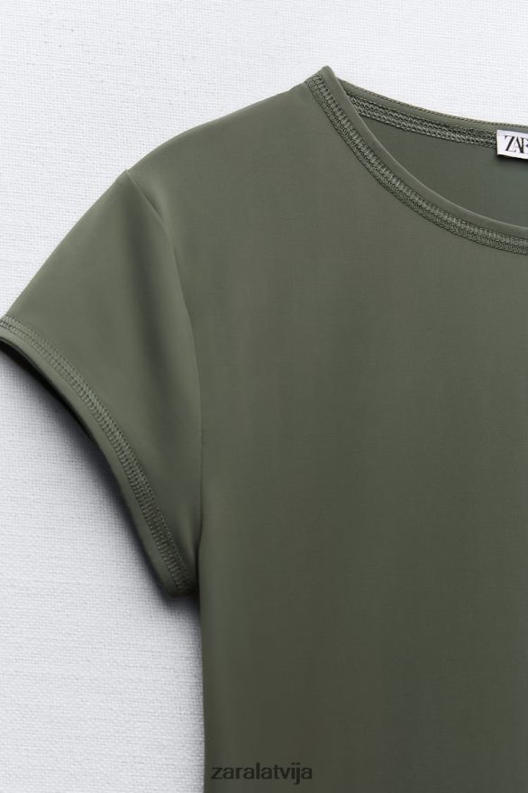 poliamīda t-krekls sievietes Zara haki 6ZTV40475 apģērbs
