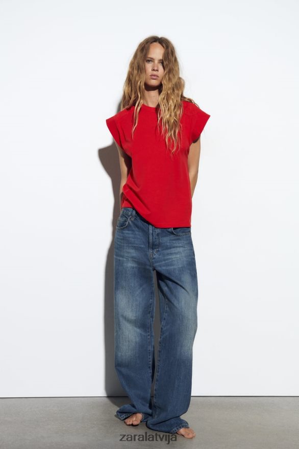 rievotu kokvilnas t-krekls sievietes Zara sarkans 6ZTV40469 apģērbs