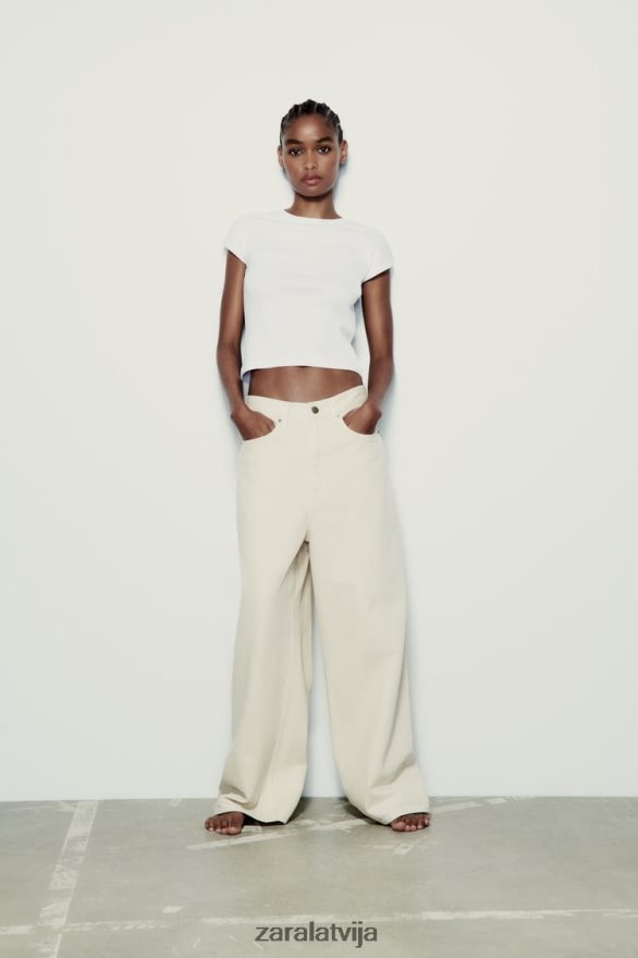 rievotu kokvilnas t-kreklu sievietes Zara balts 6ZTV40875 apģērbs