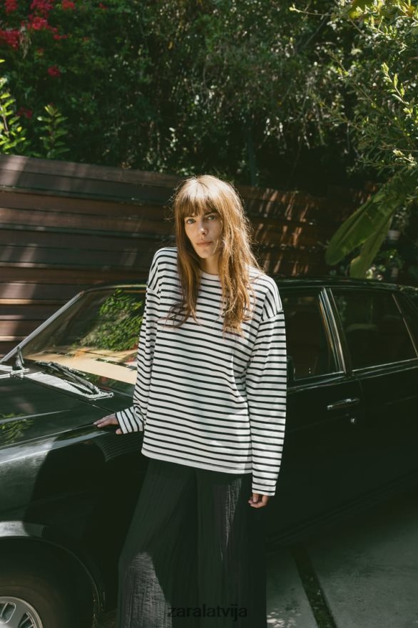 svītrains krekls sievietes Zara melns balts 6ZTV40474 apģērbs