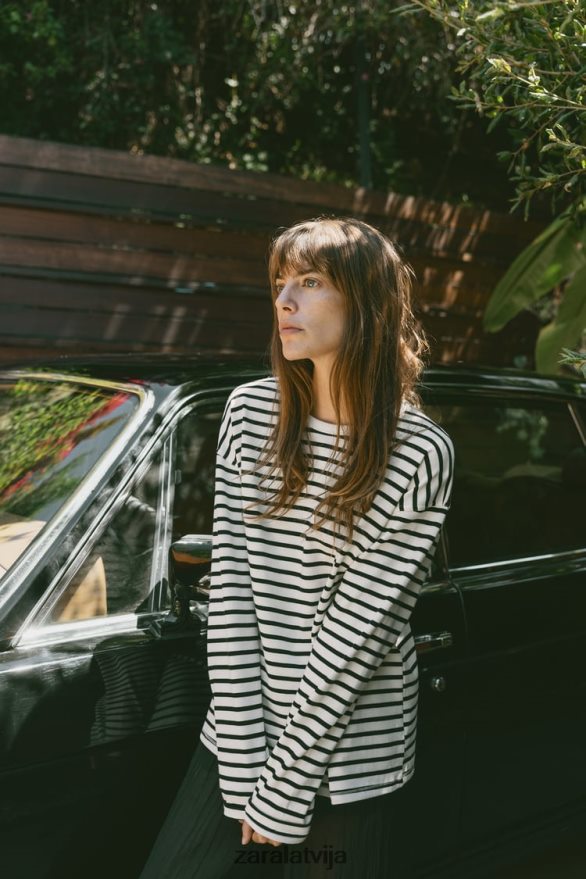 svītrains krekls sievietes Zara melns balts 6ZTV40474 apģērbs