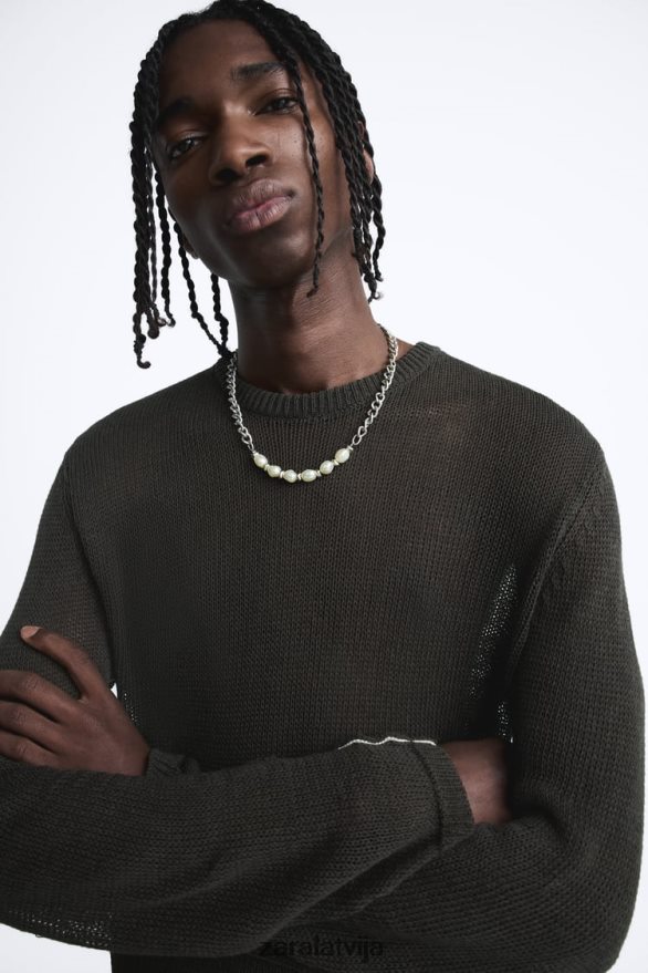 atvērts tekstūras džemperis vīriešiem Zara tumšs haki 6ZTV401037 apģērbs