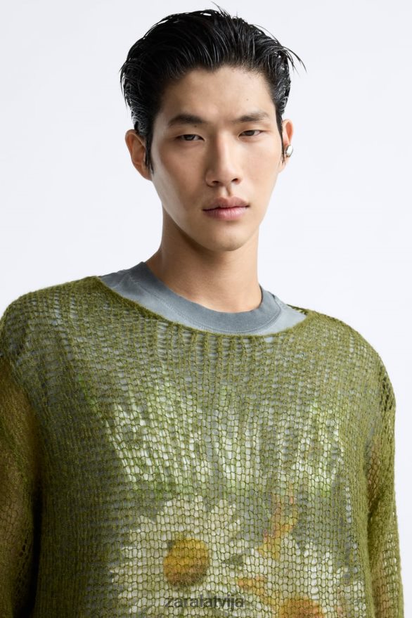tīklveida tekstūras džemperis vīriešiem Zara zaļš 6ZTV401035 apģērbs