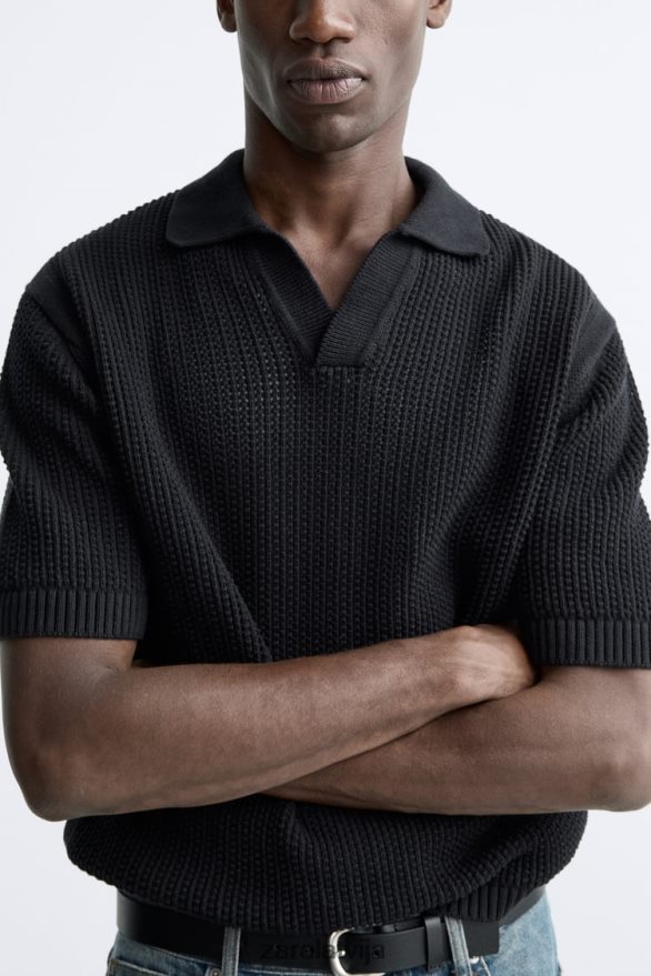 tamborēts adīts polo vīriešiem Zara melns 6ZTV401025 apģērbs