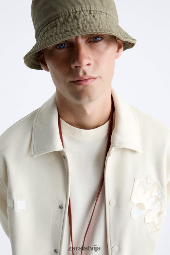 izšūta mākslīgās zamšādas jaka vīriešiem Zara austeru balts 6ZTV401128 apģērbs