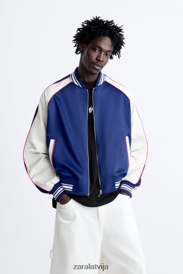 izšūta teksta satīna efekta jaka vīriešiem Zara zilgans 6ZTV401131 apģērbs