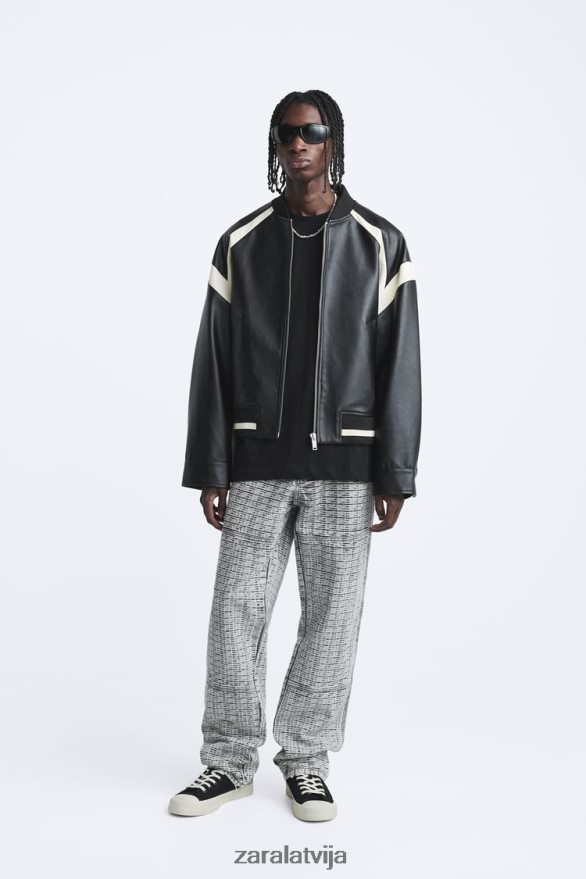 kontrasta mākslīgās ādas bomberjaka vīriešiem Zara melns 6ZTV401110 apģērbs