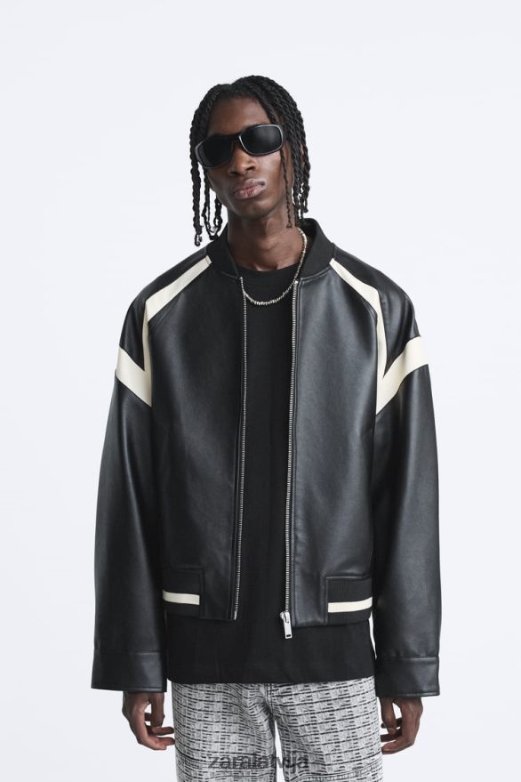 kontrasta mākslīgās ādas bomberjaka vīriešiem Zara melns 6ZTV401110 apģērbs