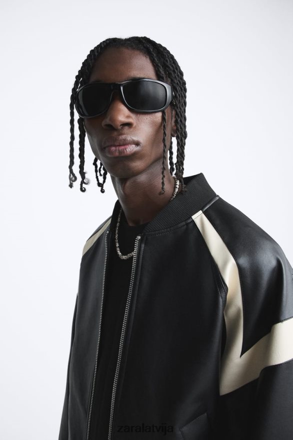 kontrasta mākslīgās ādas bomberjaka vīriešiem Zara melns 6ZTV401110 apģērbs