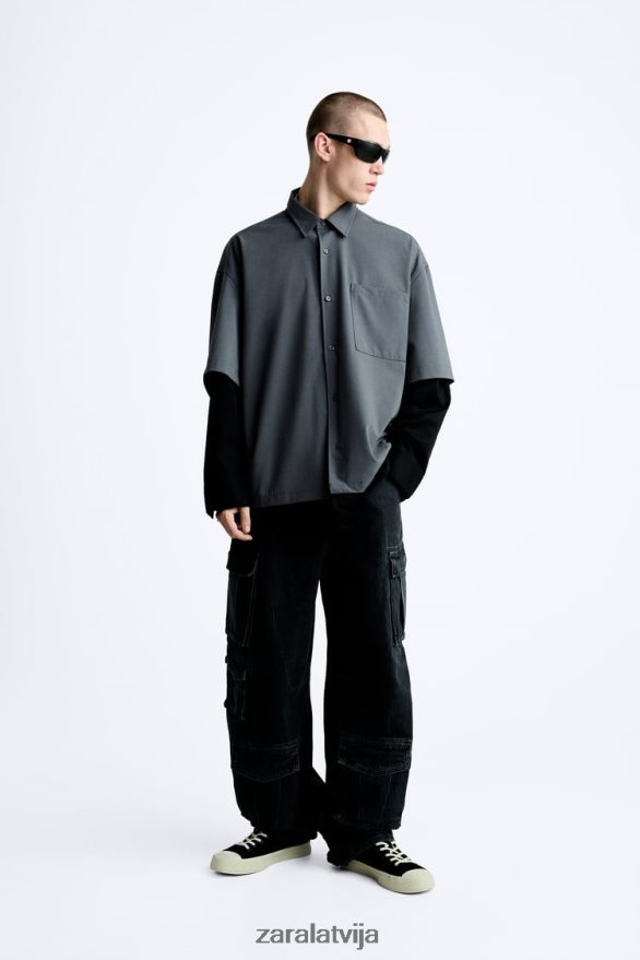 kārtainās piedurknes krekls vīriešiem Zara antracīta pelēks 6ZTV40974 apģērbs