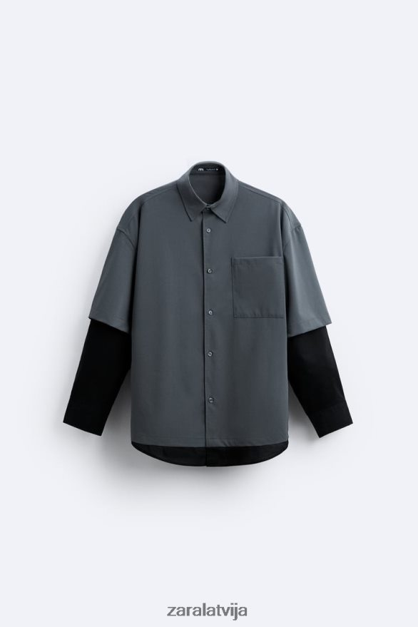 kārtainās piedurknes krekls vīriešiem Zara antracīta pelēks 6ZTV40974 apģērbs