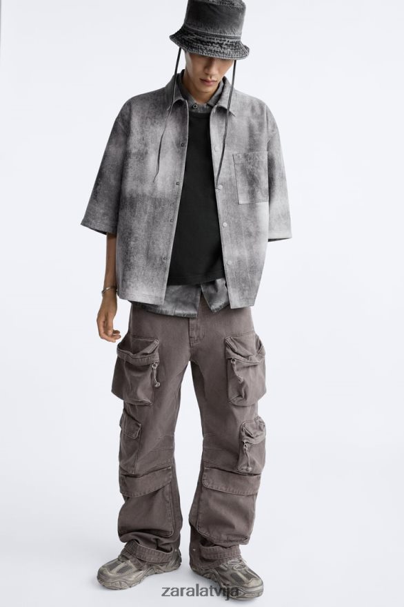 mākslīgās zamšādas mazgāts virskrekls vīriešiem Zara antracīta pelēks 6ZTV401169 apģērbs