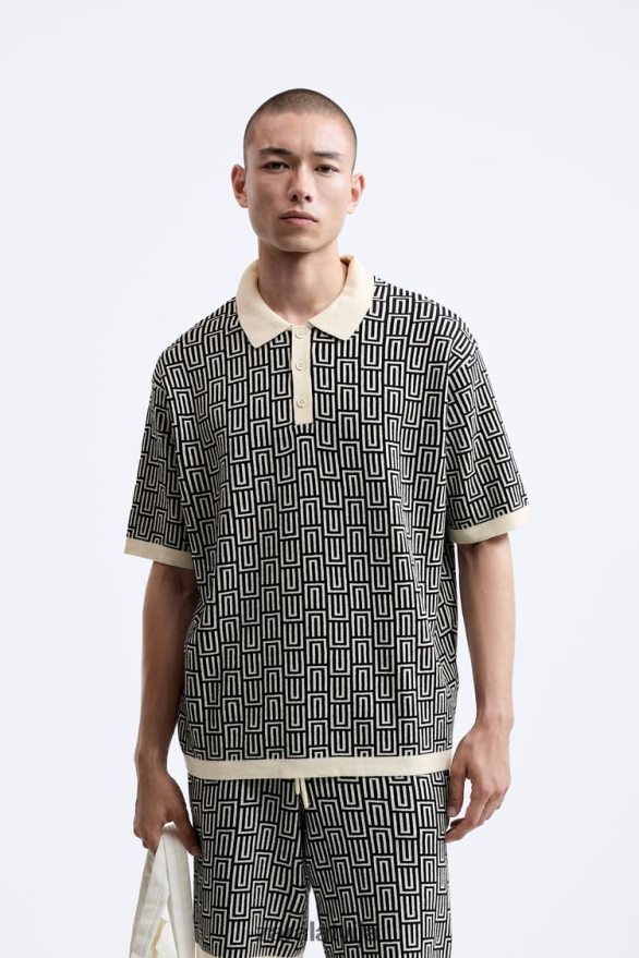 ģeometriska adīta žakarda polo džemperis vīriešiem Zara ekru 6ZTV401225 apģērbs