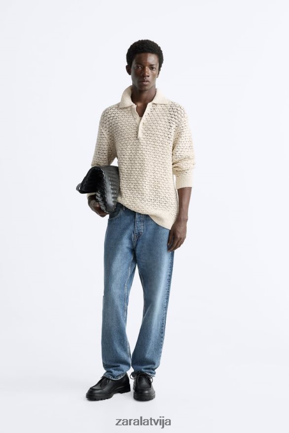 teksturētas tamborētas adītas polo vīriešiem Zara ekru 6ZTV401234 apģērbs