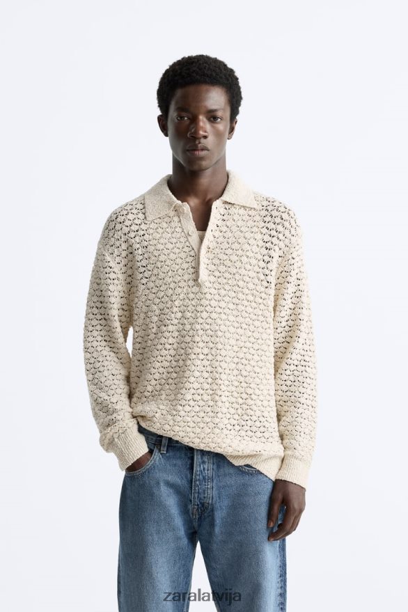 teksturētas tamborētas adītas polo vīriešiem Zara ekru 6ZTV401234 apģērbs