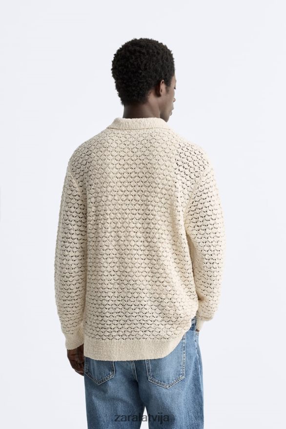teksturētas tamborētas adītas polo vīriešiem Zara ekru 6ZTV401234 apģērbs