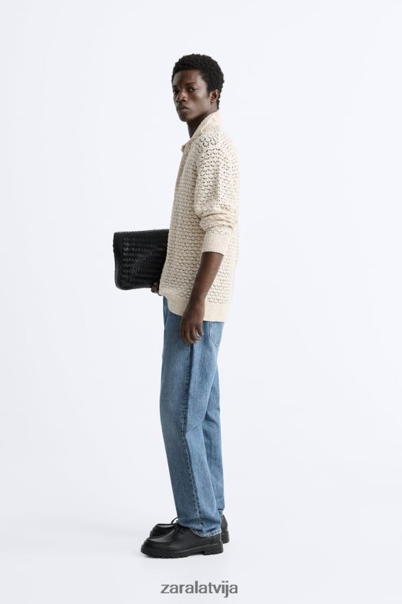 teksturētas tamborētas adītas polo vīriešiem Zara ekru 6ZTV401234 apģērbs