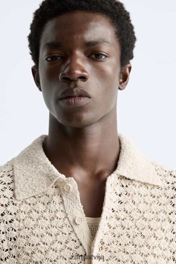 teksturētas tamborētas adītas polo vīriešiem Zara ekru 6ZTV401234 apģērbs