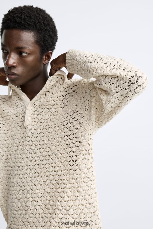 teksturētas tamborētas adītas polo vīriešiem Zara ekru 6ZTV401234 apģērbs