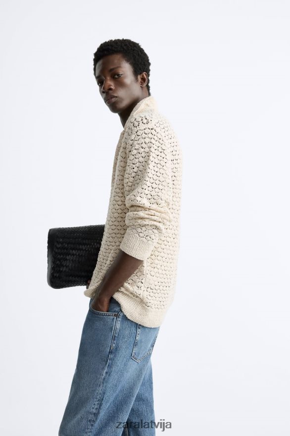 teksturētas tamborētas adītas polo vīriešiem Zara ekru 6ZTV401234 apģērbs