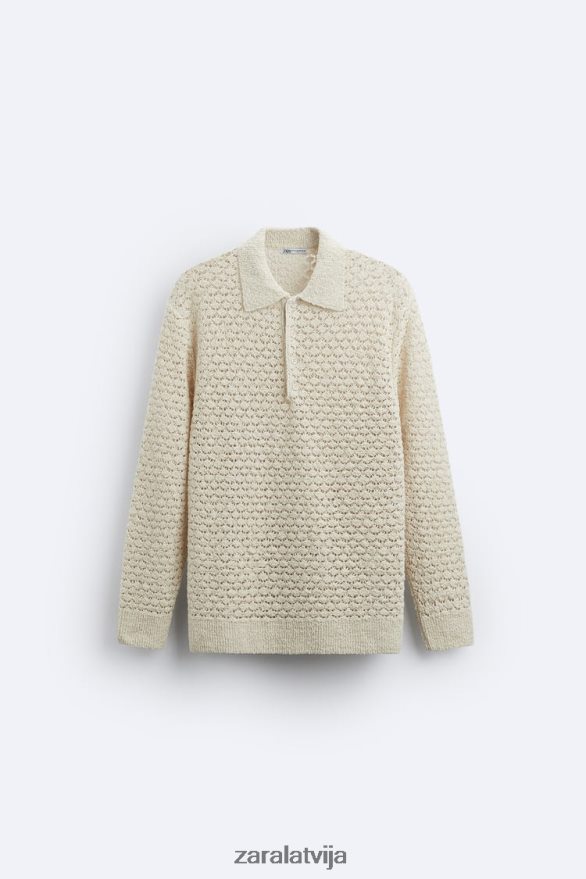 teksturētas tamborētas adītas polo vīriešiem Zara ekru 6ZTV401234 apģērbs