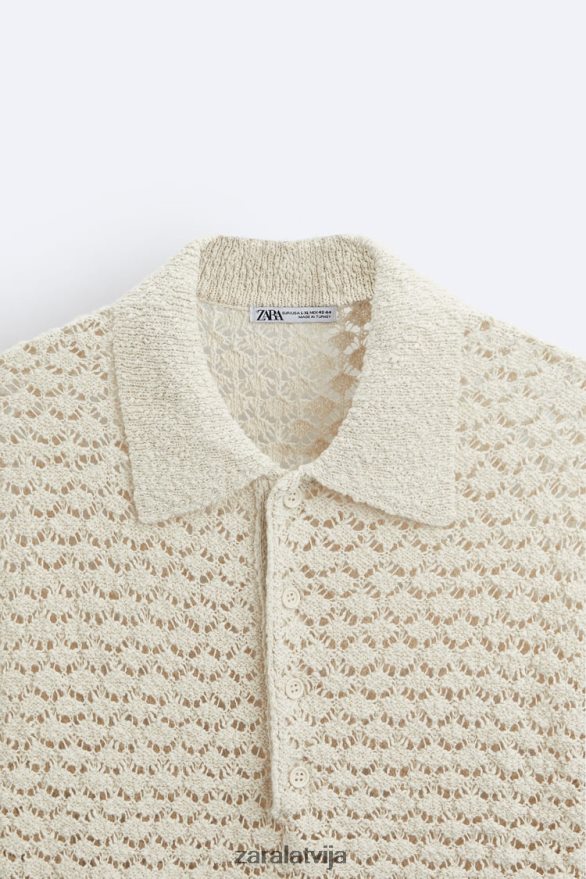 teksturētas tamborētas adītas polo vīriešiem Zara ekru 6ZTV401234 apģērbs