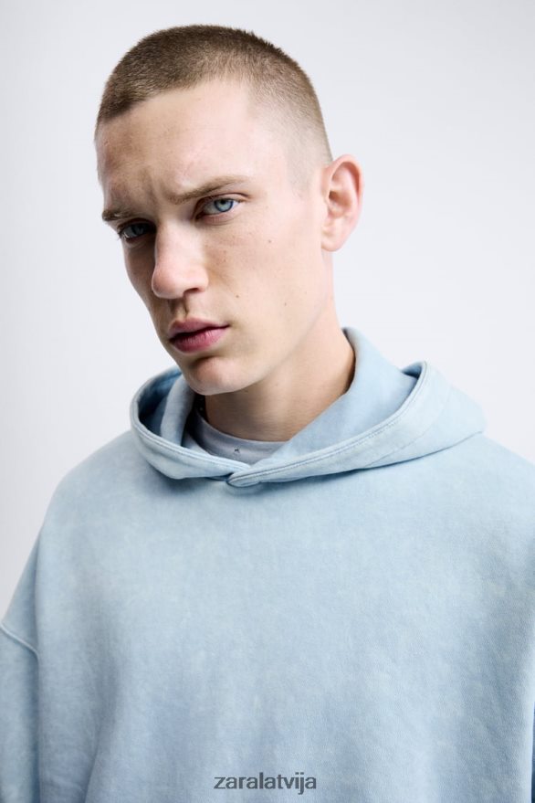izmazgāts džemperis ar kapuci vīriešiem Zara zils/balts 6ZTV401054 apģērbs