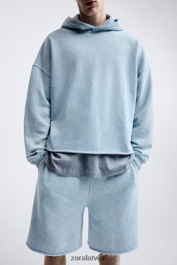 izmazgāts džemperis ar kapuci vīriešiem Zara zils/balts 6ZTV401054 apģērbs