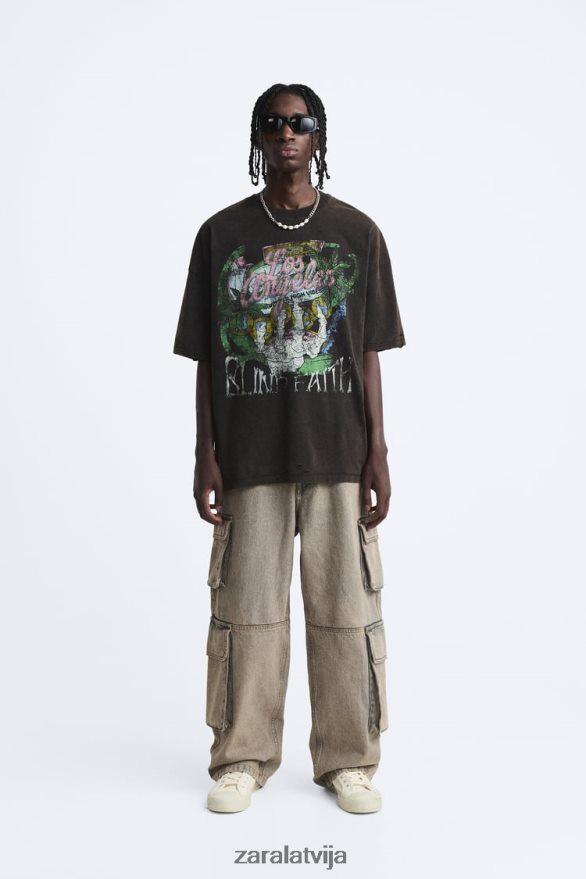 izmazgāts apdrukāts t-krekls vīriešiem Zara brūns 6ZTV401206 apģērbs