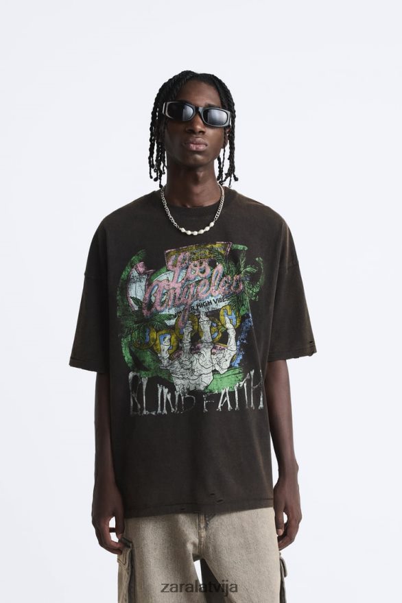 izmazgāts apdrukāts t-krekls vīriešiem Zara brūns 6ZTV401206 apģērbs