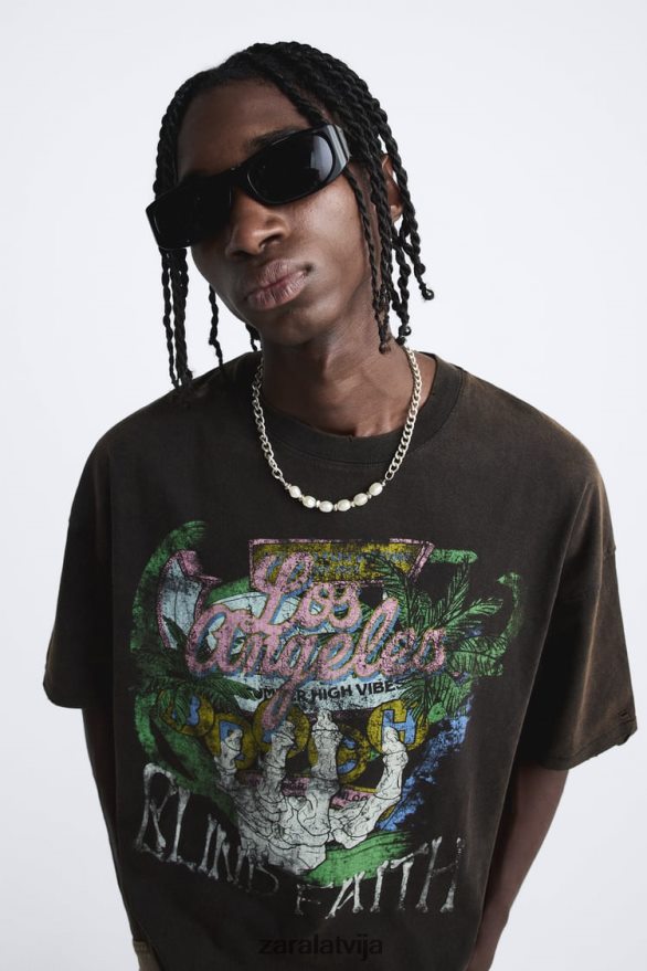 izmazgāts apdrukāts t-krekls vīriešiem Zara brūns 6ZTV401206 apģērbs