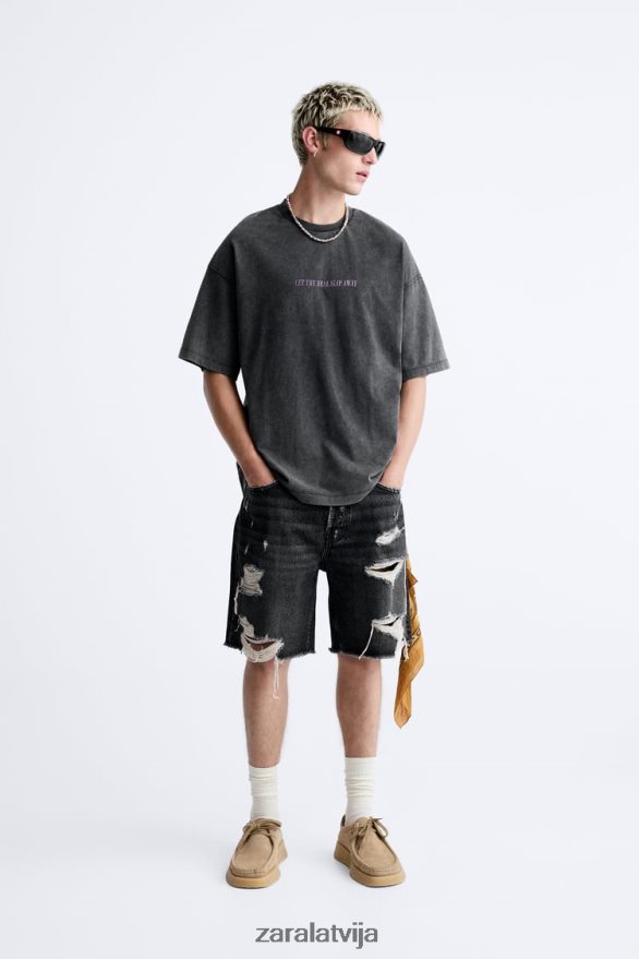 skābes mazgāšanas teksta t-krekls vīriešiem Zara izbalējis melns 6ZTV401214 apģērbs