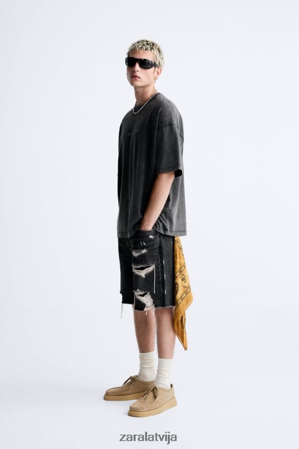 skābes mazgāšanas teksta t-krekls vīriešiem Zara izbalējis melns 6ZTV401214 apģērbs