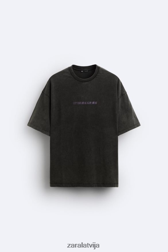 skābes mazgāšanas teksta t-krekls vīriešiem Zara izbalējis melns 6ZTV401214 apģērbs